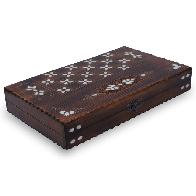 Büyük Boy Sedef Kakmalı Ahşap Tavla Seti – El Yapımı Premium Tavla Pul Hazneli 58cm Set.