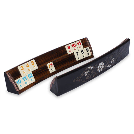 Columbine Çiçeği Siyah Okey Takımı - El Yapımı Ahşap Rummikub Seti - Sedef Kakma Oval Okey Oyunu Seti
