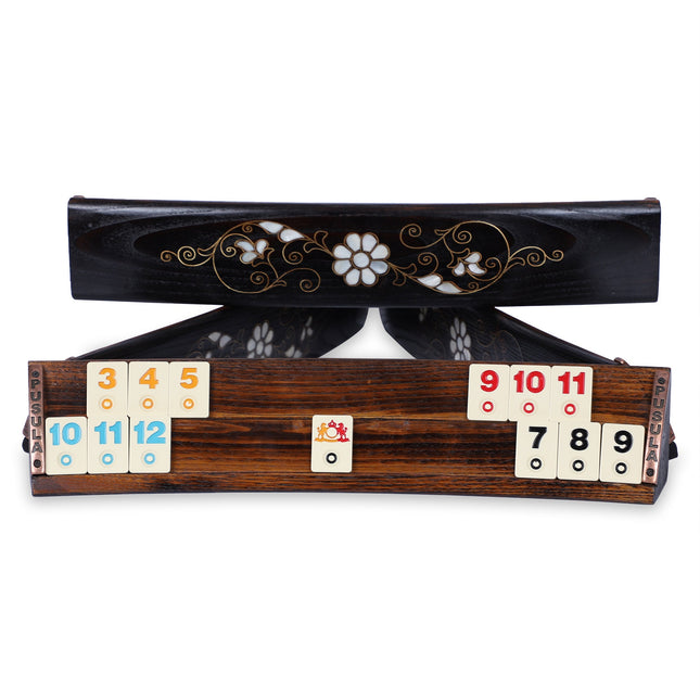 Columbine Çiçeği Siyah Okey Takımı - El Yapımı Ahşap Rummikub Seti - Sedef Kakma Oval Okey Oyunu Seti