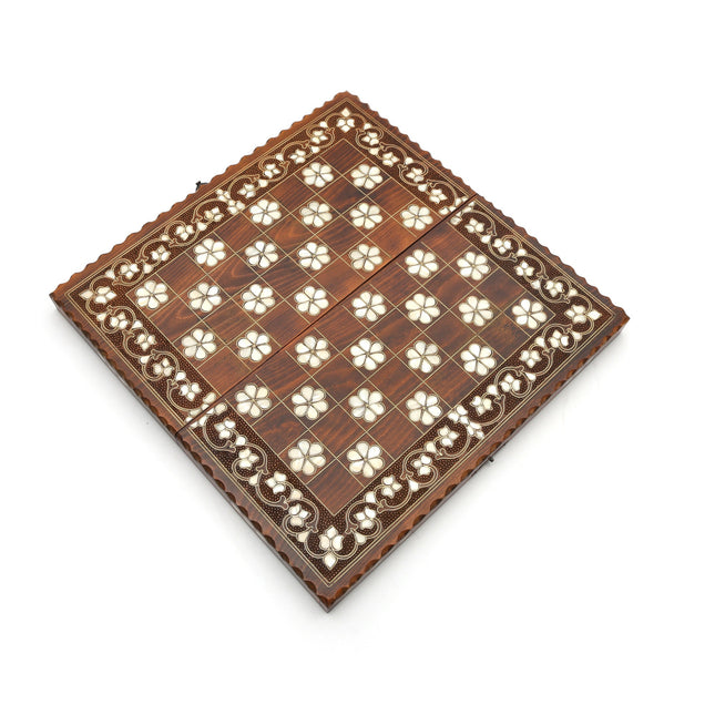 Beyaz Sedef Kakmalı Tavla – Dama Özellikli El Yapımı Ahşap Set 50 cm